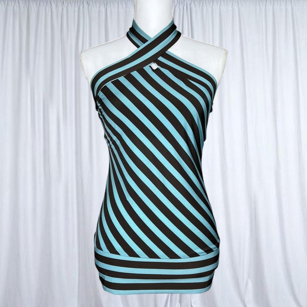 Y2K Vintage Takara Striped Teal and Brown Halter Top